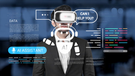 Professional Wearing Virtual Reality Headset in Modern Office Environment with AI Assistant...