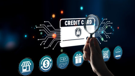 Hand Holding Magnifying Glass Observing Digital Credit Card Image with Secure Symbol and Various...