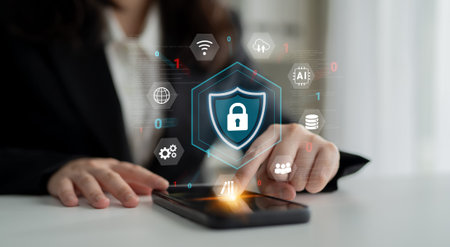Cybersecurity protection secures network, prevents threats, and strengthens digital data security to...