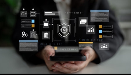 Futuristic digital security interface featuring AI technologies and data protection graphics,...