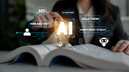 Modern AI Assistant Interacting with User on Open Book, Symbolizing Future of Technology and...