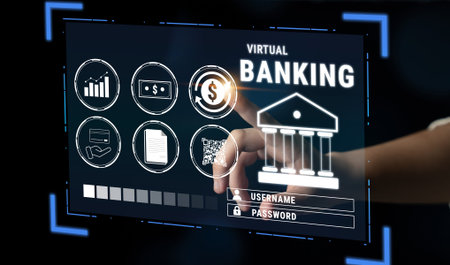 Digital Banking Interface with User Interacting and Virtual Financial Elements Displayed on Screen...