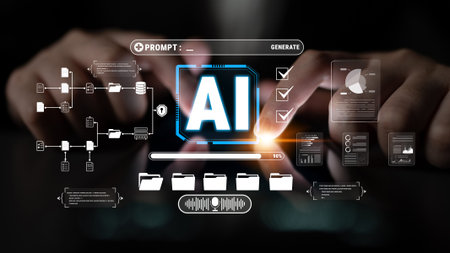 Futuristic Digital Interface for Artificial Intelligence Development with Data Flow, Analytics, and...