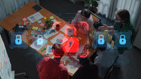 A diverse team collaborates in a modern office setting, analyzing charts while digital lock icons...