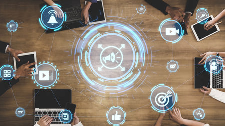 Content marketing interface with data dashboards, analytics charts, and content tools. Marketing...