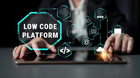 Innovative Low Code Platform Concept with Modern User Interface Design and Data Integration Graphics...
