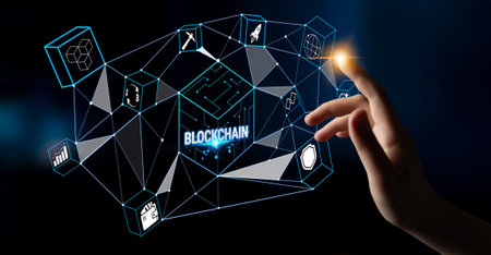 Hand Interacting with Futuristic Blockchain Technology Interface Featuring Diverse Icons and Symbols...