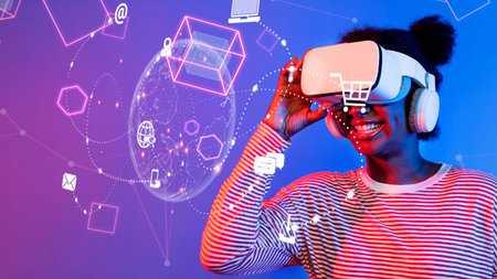 A joyful woman enjoys a virtual reality experience with vibrant digital elements surrounding her,...