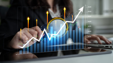 A businesswoman analyzes financial growth using a magnifying glass on a vibrant data chart. The...