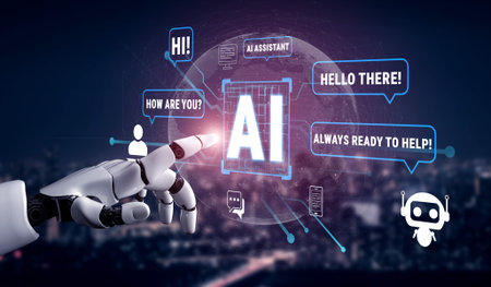 Futuristic AI Assistant Technology Illustration with Robotic Hand and Digital Communication Bubbles...