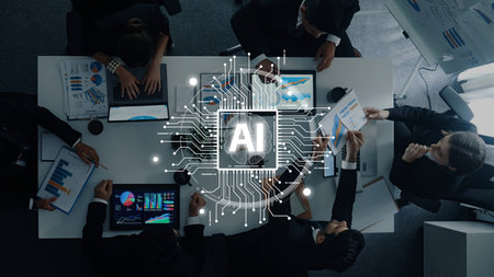 A professional team collaborates on artificial intelligence strategies in a modern office, utilizing...