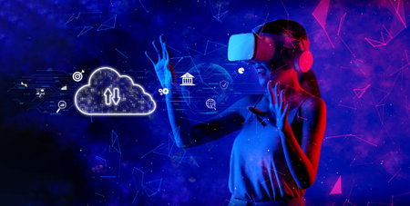 A dynamic scene showcasing a user immersed in virtual reality, highlighting themes of cloud...