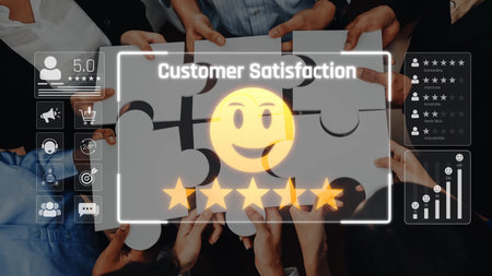 Visual representation of customer satisfaction featuring puzzle pieces and rating stars, emphasizing...