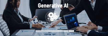 A diverse team collaborates in a modern office space, utilizing generative AI and advanced tools to...