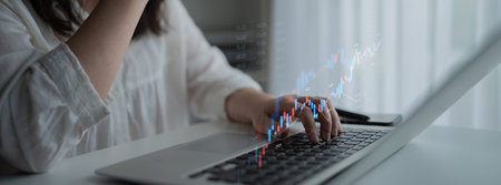 Candlestick chart visualizing financial market trends, investment patterns, price fluctuations, and...