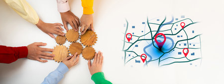 Concept of location tracking and GPS navigation. Map with pins marking a destination and points of...