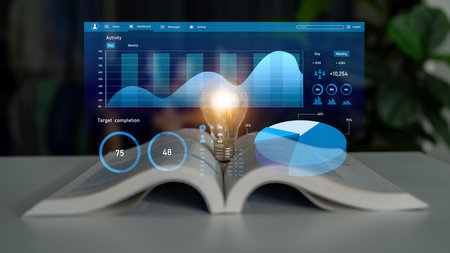 An open book featuring a light bulb symbolizes innovation, with a digital dashboard showcasing...