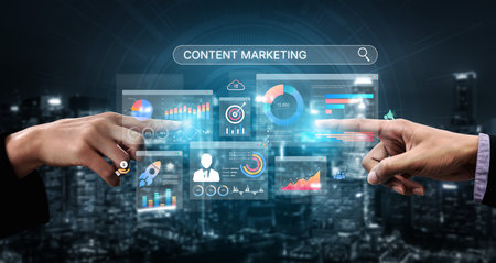 Content marketing interface with data dashboards, analytics charts, and content tools. Marketing...