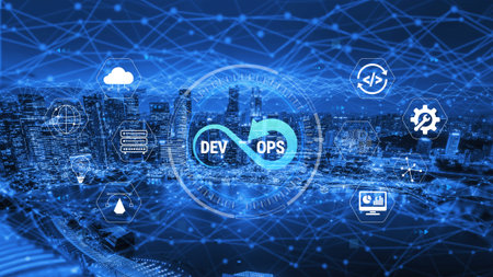 Futuristic Concept of DevOps in a Urban Setting with Network Connections and Digital Icons...