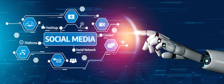 A futuristic robot hand interacts with various social media icons and graphics, representing a...
