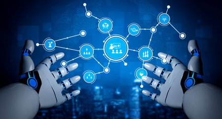 A pair of futuristic robotic hands reach toward a digital network interface showcasing various...