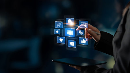 Icons representing social media interaction, communication, and engagement. Social media builds...
