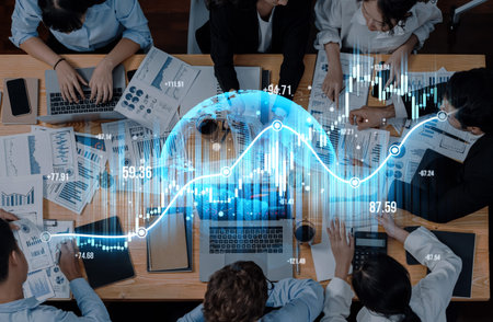 A dynamic office meeting illustrates teamwork as professionals analyze financial data, using graphs...