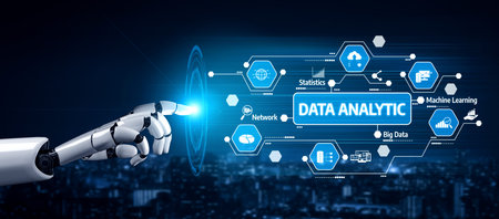 A futuristic robotic hand points at a digital interface featuring elements of data analytics...