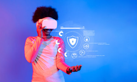 A user in virtual reality interacts with a futuristic cybersecurity interface, illustrating the...