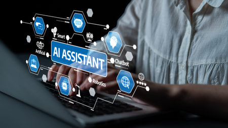 A modern AI assistant concept visually showcases innovative technology enhancements on a laptop...