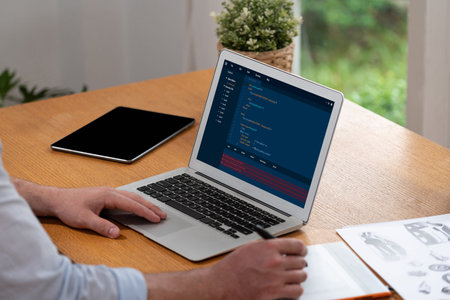 Software development programming on computer screen for brisk application and program coding