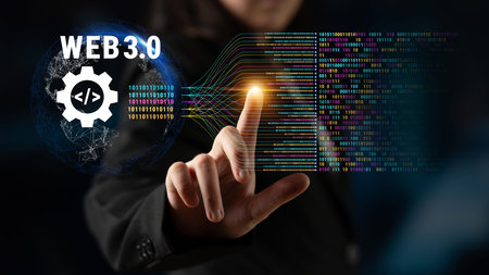 The concept of Web 3.0 development and decentralized data processing. The flow of binary code and...