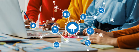 Professionals collaborate on cloud computing strategies, surrounded by digital icons representing...