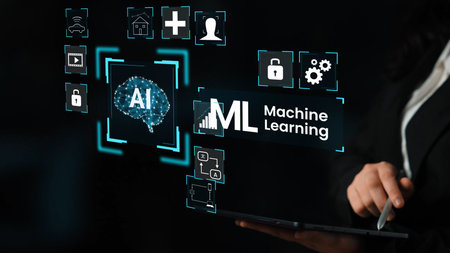Modern Technology Concept with AI and Machine Learning Visuals on Dark Background Demonstrating...