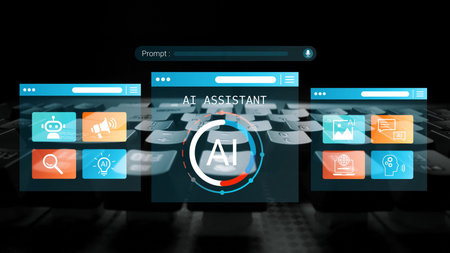 Digital Interface of AI Assistant with Various Features and Tools Displayed on Screen Representing...