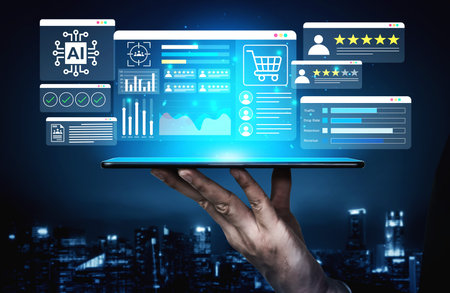 A futuristic digital interface displaying artificial intelligence metrics and online shopping...