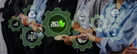 Interconnected green gears with icons representing renewable energy, carbon reduction, recycling,...