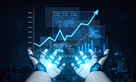 Futuristic robot hands showcase dynamic data analytics with growth charts and graphs, symbolizing...