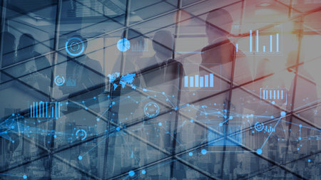 A dynamic image showcasing the fusion of business analytics and digital technology featuring...