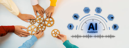 Digital AI assistant interface with task flow, voice, automation and analytics shown in intelligent...