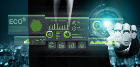 AI analyzing ESG and sustainability metrics for businesses, visualizing carbon reduction goals and...