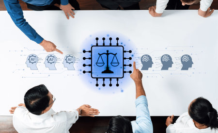 A diverse team engages in a discussion about the ethical implications of artificial intelligence,...