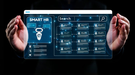This image showcases a futuristic digital interface for a smart HR system, highlighting AI...