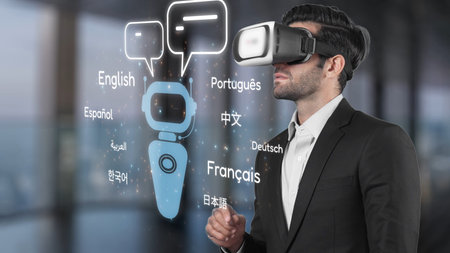 A businessman engages with a virtual reality headset, exploring language translation in a...