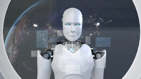 This image features a humanoid robot with glowing blue eyes and a digital interface, set against a...