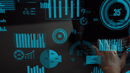 Engaging scene showcasing a futuristic data visualization environment with interactive charts and...