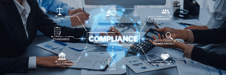 A group of business professionals engages in a meeting focused on compliance, highlighting...
