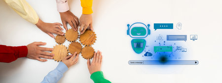 Hands of diverse individuals interact with wooden gears, symbolizing teamwork, alongside a chatbot...
