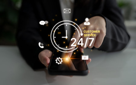 Concept of 24-hour customer service. Providing constant, non-stop support and assistance through...