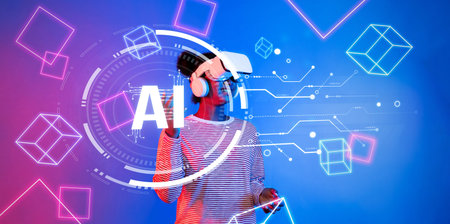 Explore a captivating scene showcasing a user interacting with AI technology in a vibrant virtual...